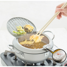JH굿즈 온도계 튀김 냄비 세트 탈부착기름망 온도계장착 기름구멍 분리형냄비 튀김요리