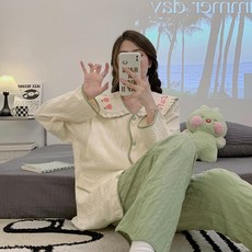봄가을 산후조리개 자카드 홀더 임산부 잠옷 수유 수유 임신기 실내복 세트