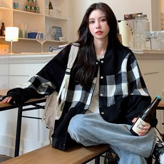 예니브 재킷 여성 봄 가을 레트로 체크 무늬 프린트 루즈 통기성 야구 바시티자켓