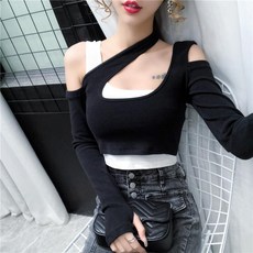 가을 블러킹 여성의류 기계 조심 감각 숏 슬림 오프숄더 어깨트임 섹시 U넥 페이크 긴 소매 옷