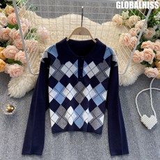 폴로 넥 카라 체크 숏 니트 겨울 여자 여성 심플 캐주얼 빈티지 GH39-115