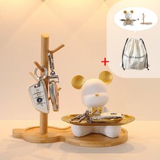 플랜와이 시팅 곰돌이 트레이 인테리어 수납함 차키보관함 T20, 9.화이트트레이+원목+파우치