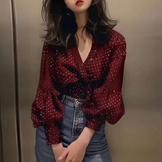 땡땡이블라우스 랩블라우스 여성 버건디 벌룬 소매 블라우스