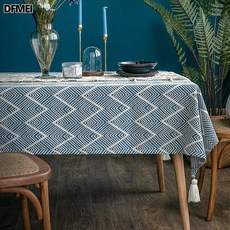 DFMEI 삼각 자가드 식탁보 심플 올인원 식탁보 가정용 테이블 티 테이블 커버 직사각, 삼각무늬 혼방 자가드 사각 태슬 테이블보-네이비, 140x220