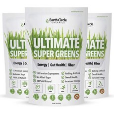 Earth Circle Organics 어스 서클 유기농 얼티밋 슈퍼 그린 파우더 | 강력한 슈퍼푸드 15가지 에너지 및 섬유질이 풍부한 보충제 비건 무첨가 스무디 믹스 & 주스, 10 Ounce (Pack of 3), 3개, 283g