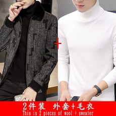 남자니트 가을겨울 기모 두꺼운 턴오버카라 미지물외투 유행하는남성복 짧은타입 영국스타일 모직 코트 남성 모조밍크 재킷
