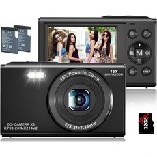 디지털 카메라 HD 4K 컴팩트 64 메가픽셀 16배 줌 32GB SD 카드 및 1200mAh 배터리 2개가 장착된 소형 청, Black