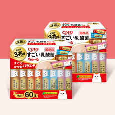  이나바 챠오 스고이 유산균 츄르 버라이어티 14g 60개입 고양이간식, 참치&가다랑어 + 참치&가다랑어 