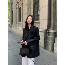 choyur 봄 가을 여성용 하프 브이넥 정장 가죽 자켓 단색 긴팔 포켓 자켓 루즈핏 캐주얼룩 GJY