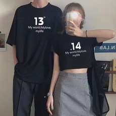커플 반팔 티셔츠 여름 캐주얼 라운드넥 크롭 상의 루즈핏 커플룩 티셔츠 투피스 세트