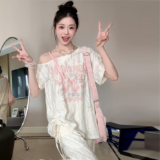 여름 나비 레터링 프린트 어깨 트임 홀터넥 반팔 패션 스트링 티셔츠