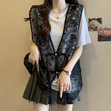 Myshe 여성 봄 여름 망사 레이스 조끼 베스트 세련된 심플 슬림핏 베스트 오피스룩 cong806Z4