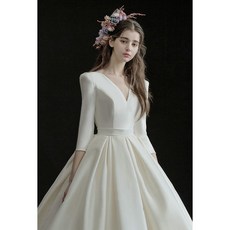 셀프웨딩드레스 긴팔 메인드레스 예복스커트 2020신제품 프랑스타입 신부 새틴 심플 V령센계 환상적 웨딩드레스라인 스커트겨울 시즌