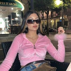 90 년대 미적 크롭 스웨터 귀여운 핑크 Y2K 후드 여성 컬러풀 하트 프린트 카와이 풀오버 집업 긴 소매