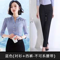 작업복 2020여름시즌 얇은타입 유행패션 분위기있는 오피스 세트여성 공구담는 근무복 여성스트라이프 셔츠, C04-칠부 블루화이트줄무늬 무늬안감 셔츠+양복바지