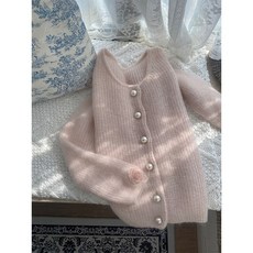 두꺼운코트프 렌치 펄 단추 앙 고 라 니 트 가 디 건 여성 박 형 년 봄 가을 중공업 로즈 루즈 스웨터 코트두꺼운코트
