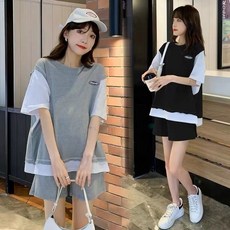 여자 레이어드 반팔티 임부 반바지 상하세트 여름 투피스 빅사이즈 임부복 오버핏 데일리