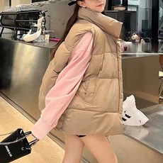 제이이에프앤씨 여자 하이넥 집업 오버핏 밑단 스트링 패딩조끼