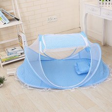 아기 모기장 아기 접이식 유르트 보트 유형 어린이 모기장 세 조각 세트 공장 직접 도매, 110*65*60Cm, 도트 블루 모기장 + 코튼 베개