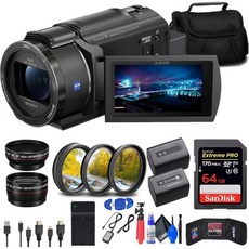 소니 FDR-AX43 UHD 4K 핸디캠 캠(FDRAX43/B) + 64GB 메모리 카드 + NP-FV70 배터리 + 필터 키트 + 광각 렌즈 + 망원 렌즈 + 가방 + 충전기, 1개