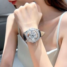 여자메탈시계 여성패션시계 손목 스켈레톤 쿼츠 럭셔리 레이디 눈송이 라인석 스피닝 다이아몬드 페이스 가죽 밴드 Montre femme