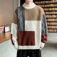 ANYOU 남자 소프트 베이직 루즈핏 니트 워셔블 배색 스판 스웨터