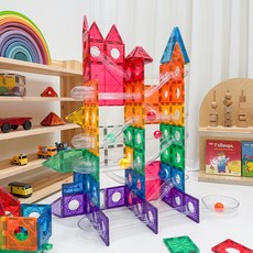 맥킹덤 롤러코스터 맥타일즈 자석 블럭 교구 타일 유아 어린이 장난감 104PCS LED공 포함, 1개