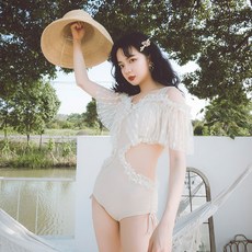 에디에퀸 여성 2020 여름 슬림 레이스 등오픈 모노키니, 베이지 모노키니