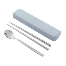 便攜式湯匙+筷子+餐具收納盒組, 藍色, 餐具+收納盒+矽膠餐具架