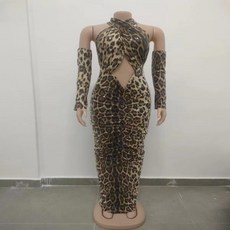 섹시한 스팽글 레오파드 무늬 바디콘 백리스 롱 원피스 클럽 이브닝 무도회 가운 생일 나이트 복장 쇼 착
