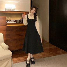 큰 사이즈 여성 의류 2022 가을 새로운 드레스 지방 M 대비 컬러 스티치 허리 포옹 레이스-업 단어 긴 소매 가짜 투피스 드레스