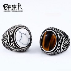 Beier 빈티지 남자 소년 타원형 호랑이 눈 갈색 돌 반지 스테인레스 스틸 쥬얼리 망 액세서리 anel aneis BR8 699|반지|