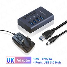 MZX 10 7 4 포트 USB 3.0 허브 알루미늄 멀티 분배기 빠른 PD 충전기 전원 어댑터 노트북 용 스위치가있는 다중 확장기, [15] 4 Ports HUB UK, 한개옵션1