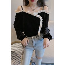 겨울 가을 벨벳 소매 여성 감각 오픈숄더 슬립 이너티셔츠 와이드 루즈핏 오프숄더 어깨트임