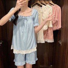 [오노마] ONM 여성 프릴 실크 잠옷 파자마 반팔 반바지 세트