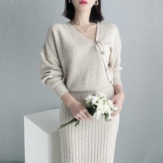 언발 골지 울 니트 가디건 스커트 투피스 세트
