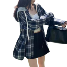 여성용 후드 체크 남방 오버핏
