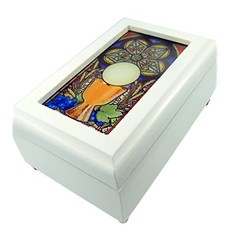 Catholic Religious First Communion Stained Glass White Wood Musical Jewel (First Communion - White), First Communion - White