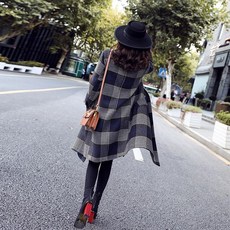 여자 가을 모직코트 하프 빅사이즈 캐주얼 체크 코트 2XL 블루