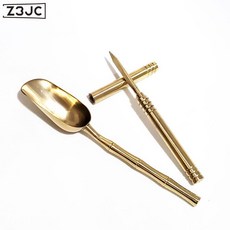 Z3JC 가정용 황동 찻잎삽 티스푼 계량스푼 긴 손잡이삽 티스푼 티스푼 티스푼 티스푼 티스푼 티스푼 티 스몰사이즈 취하기, 황동죽절국자+차칼, 1개