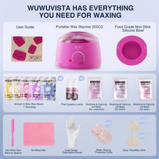WUWUVISTA 왁싱 키트 제모 하드 멜트 워머 비즈 얼굴 브라질 전신 비키니 민감성 피부, Eu 플러그, 79items Pink, 1개