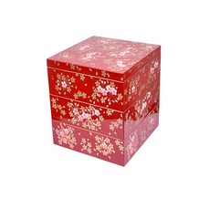 3단 사각 벚꽃 찬합 도시락 (보자기 포함), 1개, 레드