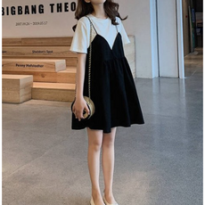 PU_임산부 화이트 티셔츠 블랙 원피스 세트