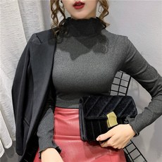 러플 커프스 솔리드 이너 반폴라 상의 여성 겨울 페블럼라인 긴 소매 봄가을