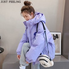 JUST FEEL!NG 집업 후드 긴팔 하이넥 패딩 레터링 여성 겨울 부드러운 바람막이 자켓 오버핏 심플