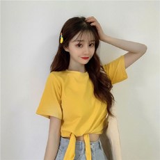 여름 하이웨스트 반팔 솔리드 여성 티셔츠