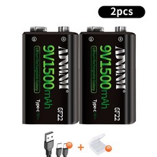 금속 탐지기 1500mAh 충전식 9V 배터리 리튬 이온 크라운 타입-C USB 6F22 RC 헬리콥터 모델 금속 탐지기, 2개