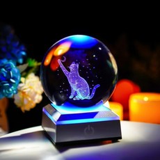 ZEERSHEE 고양이 크리스탈 LED 베이스 고양이가 있는 ZEERSHE 80mm 3D 유리 레이저 에칭 볼 피규어 수집품 야간 라이트 페이퍼 웨이트 애호가 여성을 위한 선물, Cat with Moon, 1개