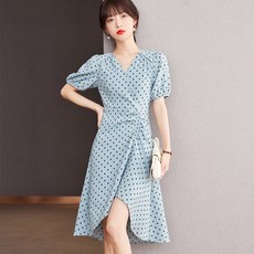 WPUY 여성 슬림라인 브이넥 여름원피스 휴양지 원피스 여름 도트 원피스 플리츠 허리끈 여름 원피스