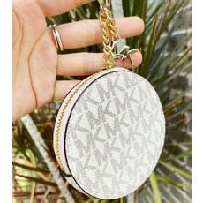 Michael Kors Jet Set Travel Round Coin Pouch Wallet Key Ring MK Signature, Vanilla Powder Blush Pink